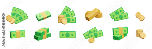 Different money banknote bundle 3D render. Green dollar fan of cash, money stack of paper bills currency, gold bar treasure and metal coins stack 3D vector icon set isolated on white background.