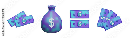 Crypto currency digital money 3D vector icon set. Neon liquid glass futuristic electronic money: digital dollar banknotes and money bag. Crypto coin, CBDC, safe and fast anonymous online transactions.