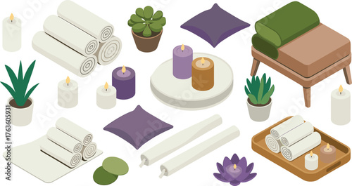 Isometric illustration of spa and wellness accessories with towels, candles, plants, and cushions creating relaxing aromatherapy and meditation atmosphere