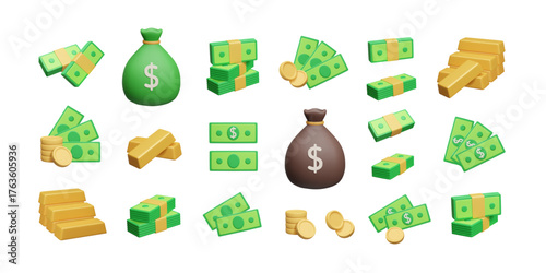 3D money icon set. Stack of cash, green dollar currency bills, gold bar bullion treasure, fabric money bag with dollar sign. Investment, money profit, savings, financial asset, bank deposit 3D render.