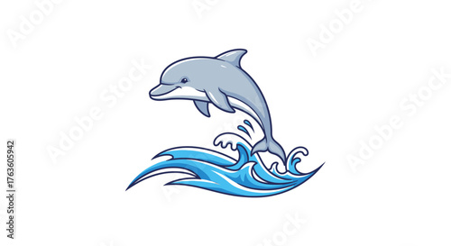 Cheerful Dolphin Leaping Cartoon Illustration Over Waves Isolated