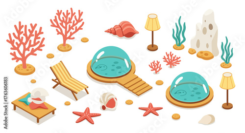 Isometric beach spa scene with coral, pools, and seashells