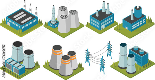 Modern industrial power plant isometric icons set showing electricity generation stations, cooling towers, chimneys, and power transmission lines illustration