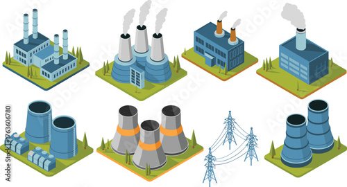 Modern industrial power plant isometric icons set showing electricity generation stations, cooling towers, chimneys, and power transmission lines illustration