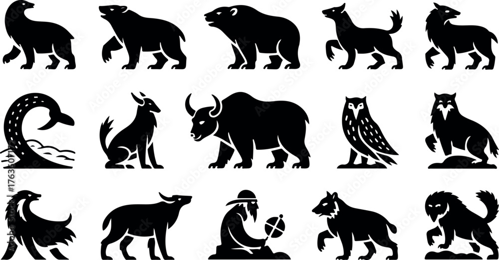 Fototapeta premium Black Silhouette Icons of Animals and a Viking Warrior on White Background bear wolf