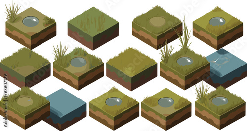 Set of isometric 3D grass and soil blocks with water ponds, terrain landscape elements for game design and environment illustration