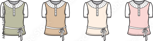 Women's sleeveless collared tops vector flat sketches. Button placket, tie waist, four soft colors. Modern apparel design illustration