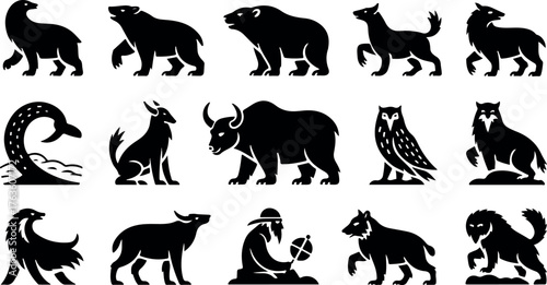 Black Silhouette Icons of Animals and a Viking Warrior on White Background bear wolf
