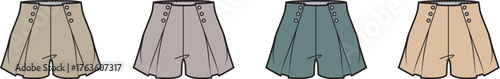 Fashion flat sketch of four pairs of women's shorts in different colors, showcasing a stylish design with pleats and button details