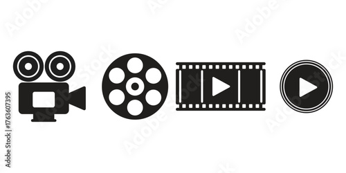 Set of movie and video icons in black silhouette style. Includes film camera, reel, filmstrip, and play button symbols for media, cinema, or video production design.