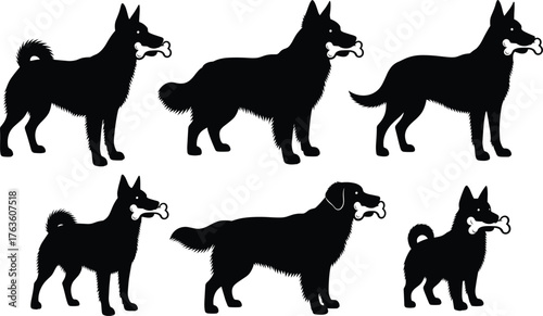 Set of 6 dog silhouettes with bone, black vector illustration, breed posture icons, pet animal graphic for design and stock