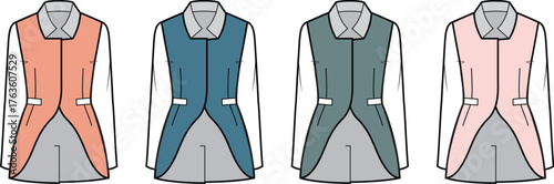 Set of colorful tailored vests with tails, a technical flat sketch for fashion design and apparel mockups