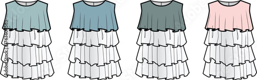 Four different color variations of a ruffled tiered sleeveless dress shown from the front, fashion illustration