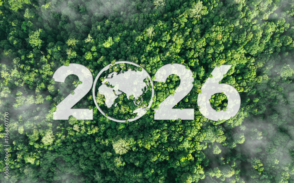 Fototapeta premium Aerial view of green forest with 2026 and Earth icon for environmental awareness, sustainability goals, and climate change action, happy new year and environment day, carbon reduction to net zero.