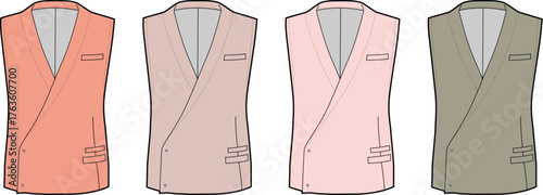 Four-color open-front vest designs in shades of coral, beige, light pink, and olive green, showcasing lapel and pocket details