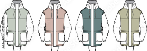 Technical flat illustrations of a modern outerwear jacket with an integrated vest, showing various color options for apparel design and product development