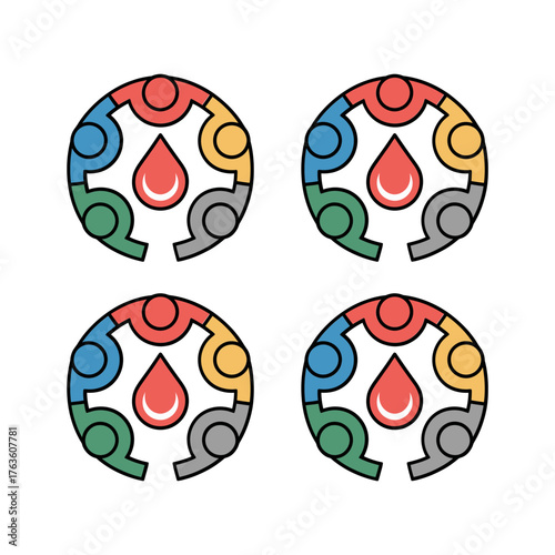 Set Of Four Logos, Community Care Emblems, Blood Drop Symbol, Teamwork Unity, Donation Awareness, Colorful Icons, Vector Collection