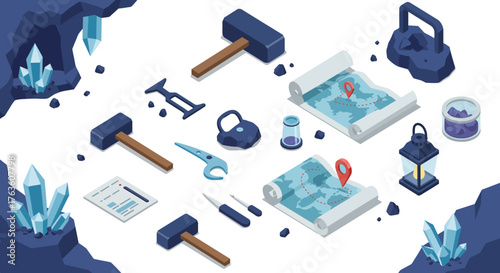 Isometric mining equipment and exploration tools in underground cave setting