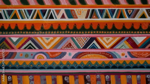 Colorful geometric tapestry, intricate folkloric patterns dance, vibrant symmetry celebrates International Yarn Bombing Day, cozy Bohemian festival vibes