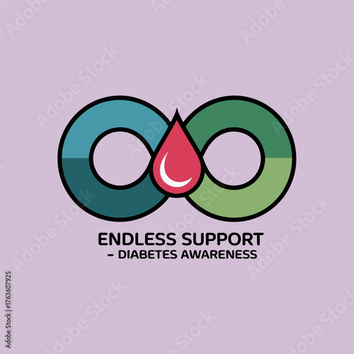 Endless Support Logo, Diabetes Awareness Theme, Infinity Symbol With Droplet, Patient Care, Education Outreach, Community Help, Modern Vector