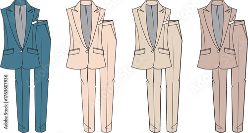 Set of women's suits in various colors, showcasing tailored vests and trousers for a professional ensemble