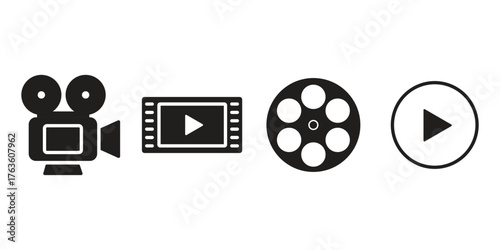 Set of movie and video icons in black silhouette style. Includes film camera, reel, filmstrip, and play button symbols for media, cinema, or video production design.