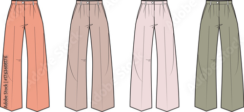 Fashion illustration showcasing four comfortable wide-leg women's trousers in a palette of soft, muted colors, ideal for contemporary casual and relaxed styling
