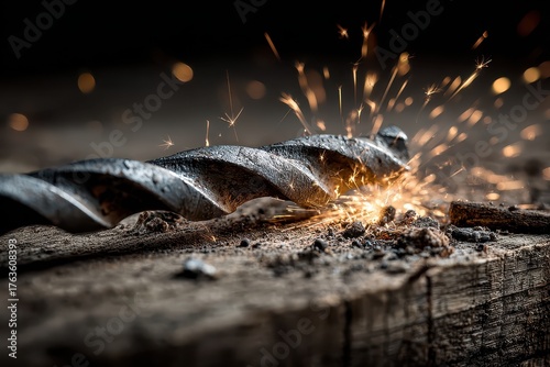 Metal drill bit drilling into wood with sparks flying, close-up. Perfect for industrial, construction, and DIY themes in your design.