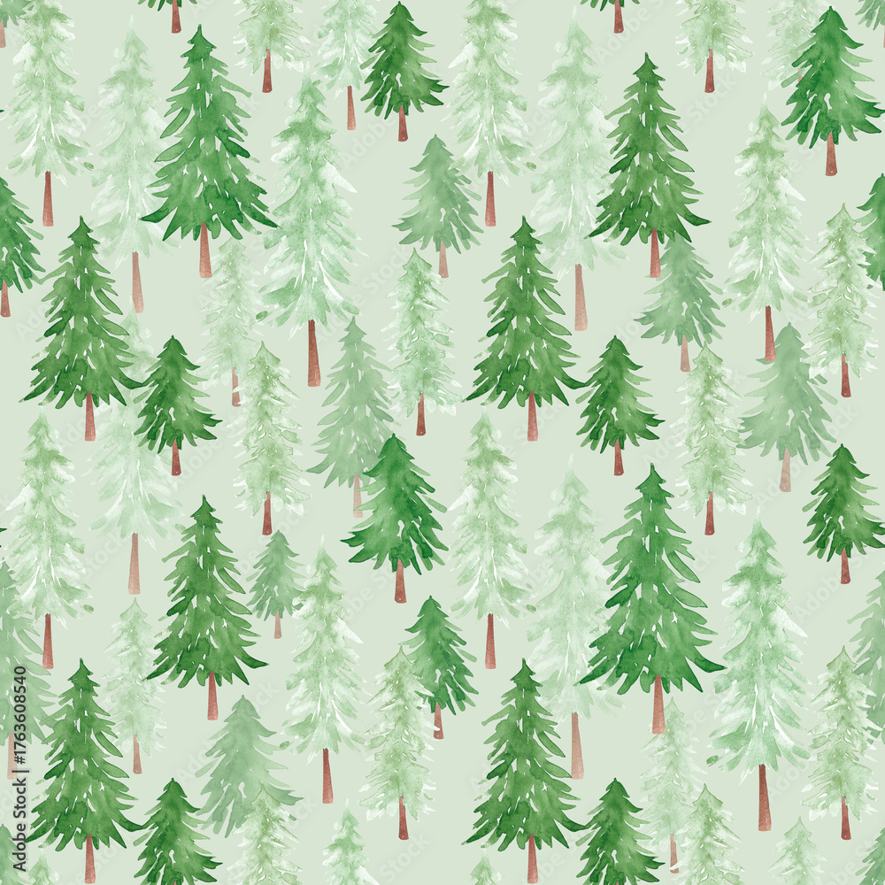 Obraz premium Green forest seamless pattern hand drawn with watercolor. Fir trees and pine trees background for wrapping paper, scrapbook paper, textile, fabric