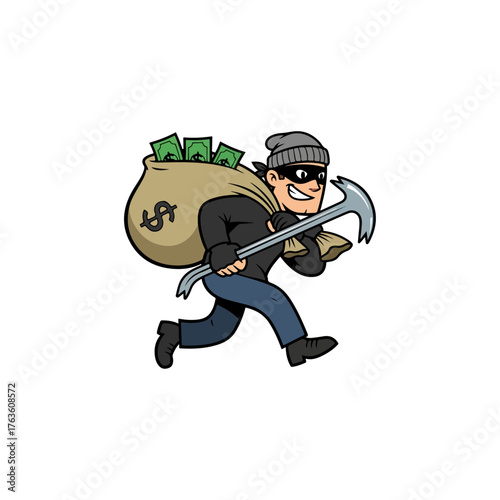 Cartoon thief with money bag and crowbar running away