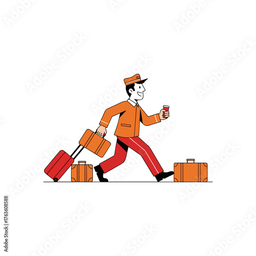 Hotel porter carrying luggage and drink