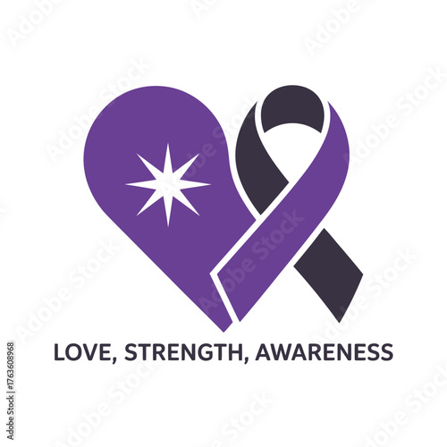 dual heart emblem with ribbon and star, hope strength awareness, pancreatic cancer support logo, healthcare vector