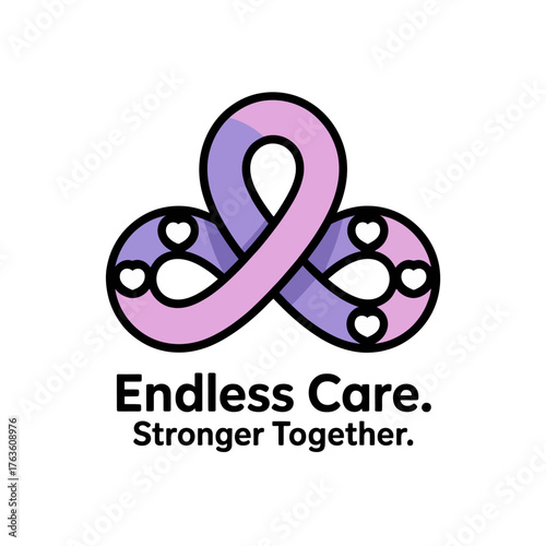 endless care concept ribbon logo, purple awareness mark, pancreatic cancer support, stronger together theme, healthcare charity vector