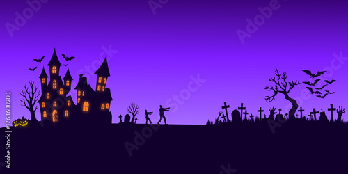 Scary halloween panorama background with space for your text, graphic illustration