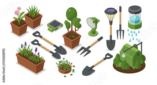 Isometric garden tools and plants with solar light and watering illustration