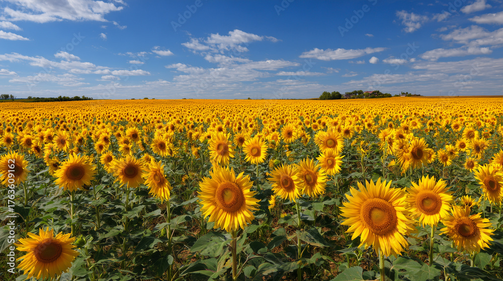 Fototapeta premium Endless sunflower field under a bright blue sky with fluffy clouds 
