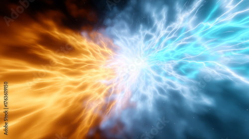 Abstract illustration of a dynamic and energetic clash between orange and blue electrical energy. The image showcases the convergence and collision of opposing forces