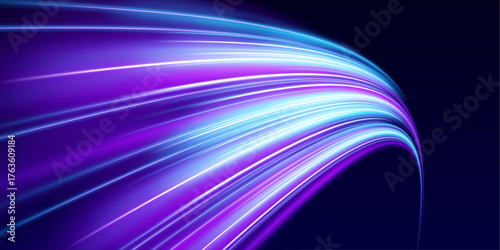 Electric lines in shades of purple and blue shoot across the screen, leaving glowing trails. The abstract pattern mimics fast data streams. Perfect for tech or sci-fi themes.