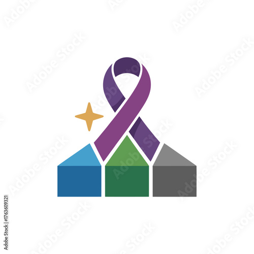 awareness ribbon on cubes, star accent, healthcare foundation branding, pancreatic cancer outreach, community fundraising icon, professional vector