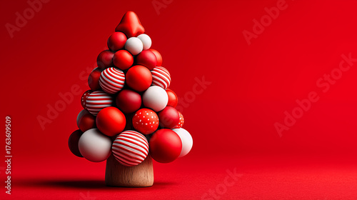 Christmas tree made of red, white and red balls on red background