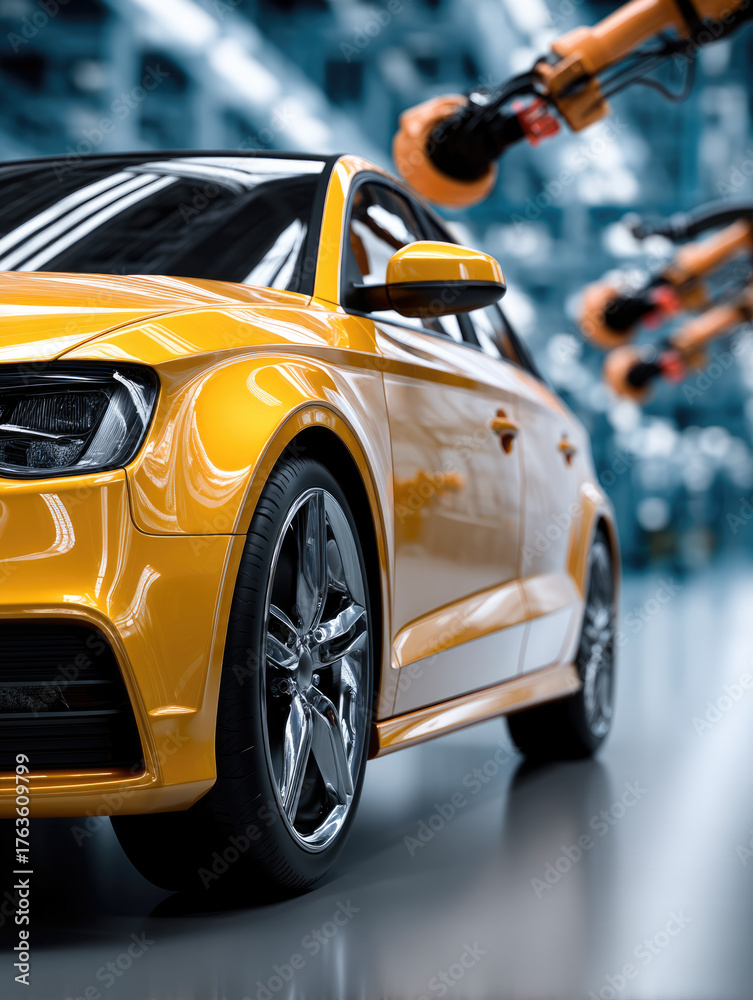 Naklejka premium Yellow car robot arm automotive industry modern factory technology assembly line innovation manufacturing shiny surface efficiency