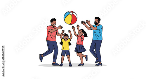Family Fun with Beach Ball Father and Children Playing Outdoors Illustration