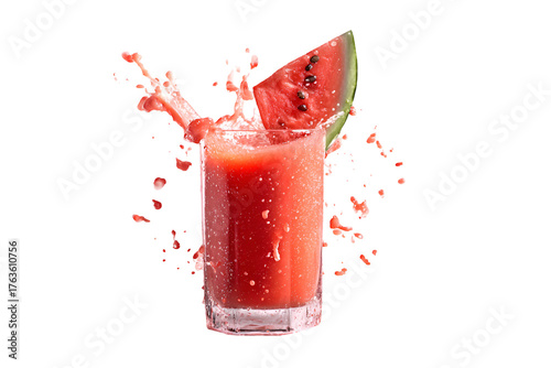 Watermelon juice splashing from a glass with a slice of watermelon isolated on transparent background