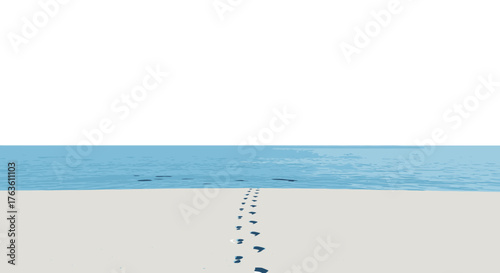 Footprints on sand beach leading towards horizon ocean blue water