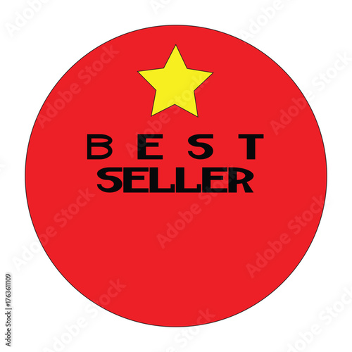 Eye-catching red circle bestseller badge with yellow star emblem for promoting top-selling products and achieving sales success