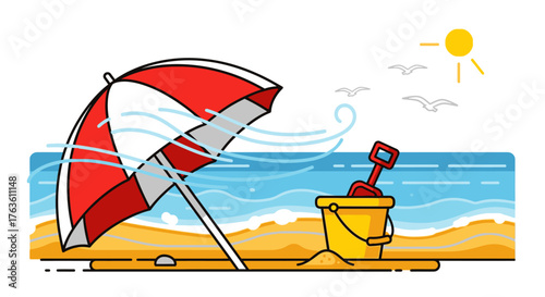 Windy Day at the Seaside Vector illustration beach umbrella bucket shovel