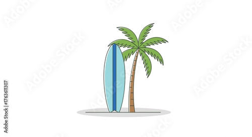 Tropical Vacation Beach Surfing Holiday Palm Tree Cartoon Vector Illustration