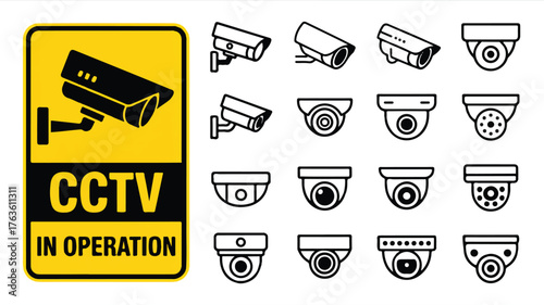 A collection of 15 black and white security camera icons arranged in a grid format, with a yellow and black CCTV IN OPERATION warning sign on the left side. 