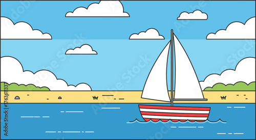 Sailing Boat on Water with Sunny Sky and Clouds Vector Illustration