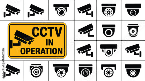 A collection of 15 black and white security camera icons arranged in a grid format, with a yellow and black CCTV IN OPERATION warning sign on the left side.  